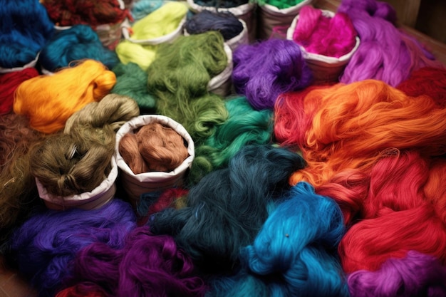 Matérias-primas coloridas à espera da produção de perucas criadas com IA generativa
