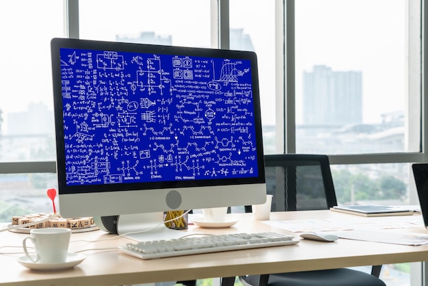 Foto mathematische gleichungen und modish-formeln auf dem computerbildschirm, die konzepte von wissenschaft und bildung zeigen