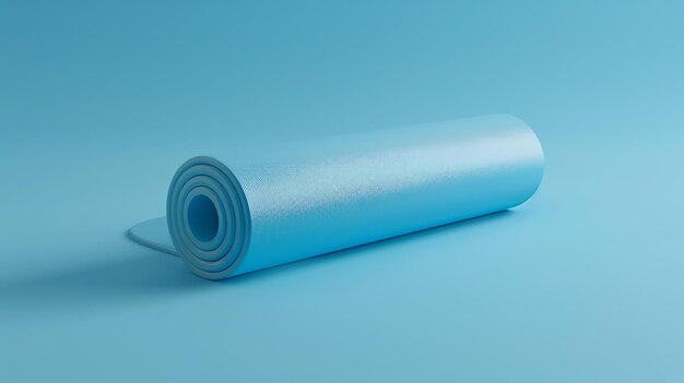 Mato de ioga enrolado azul em fundo azul renderização 3D de equipamentos de fitness