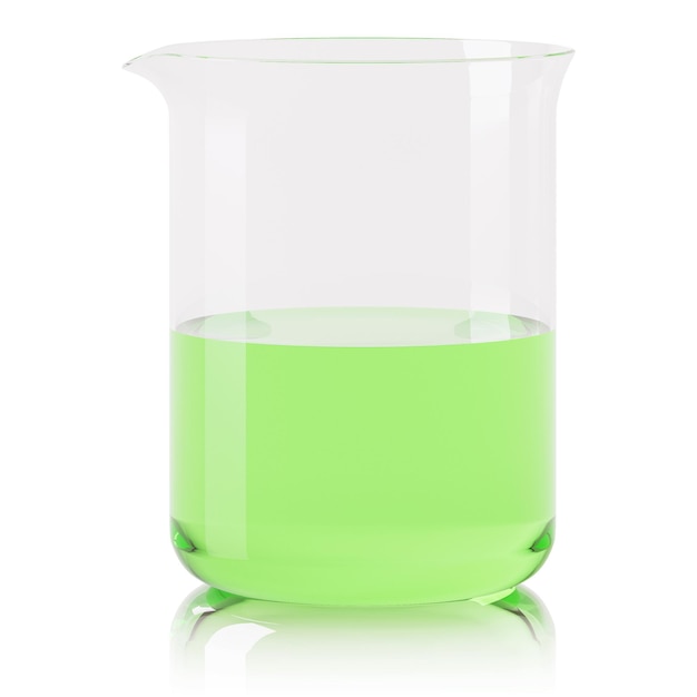Foto matraz de laboratorio de vidrio transparente. matraz lleno de líquido sobre un fondo blanco. representación 3d.