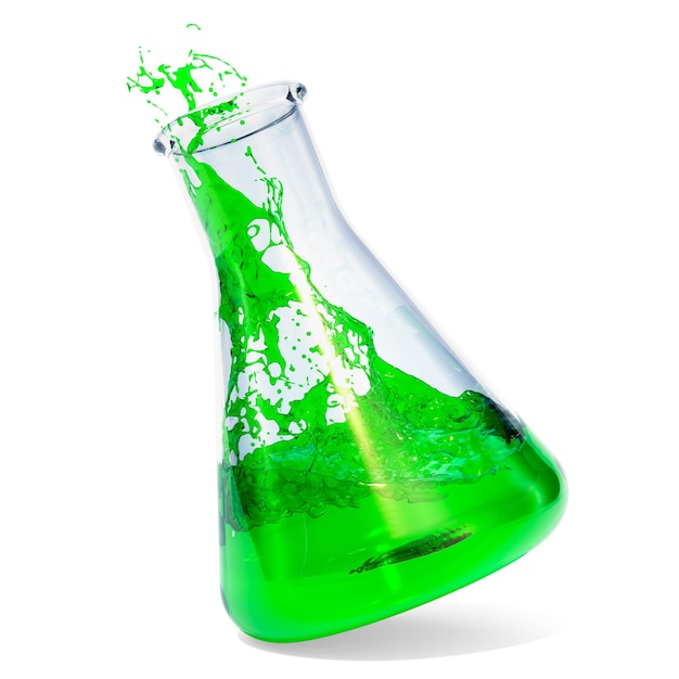 Matraz químico con líquido verde y representación 3D de salpicaduras