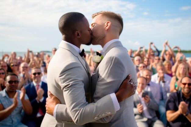 Foto matrimonio gay pareja gay retrato de boda de una feliz pareja gay en el día de la boda contenido generativo ai