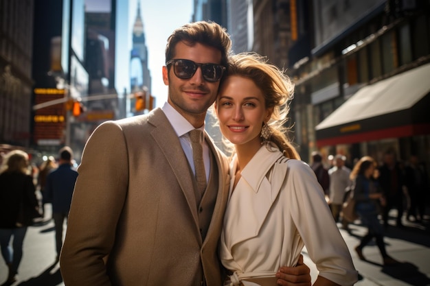 Matrimonio joven teniendo una sesión de fotos en la ciudad