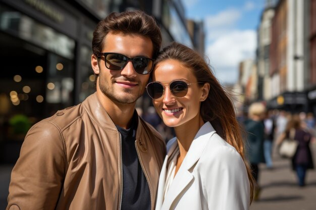 Matrimonio joven teniendo una sesión de fotos en la ciudad