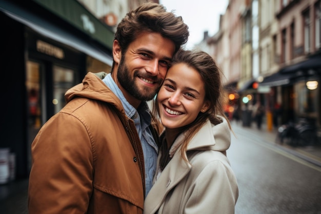 Matrimonio joven teniendo una sesión de fotos en la ciudad