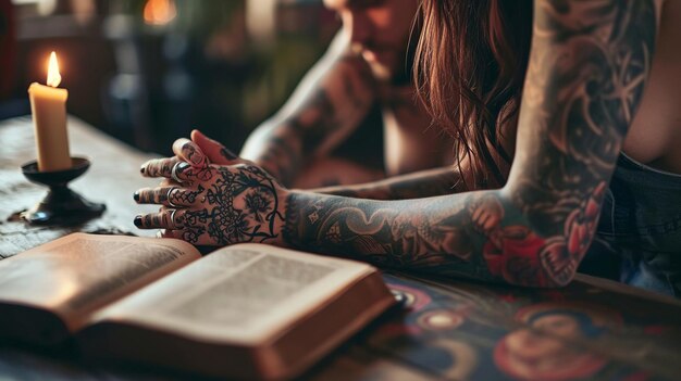 Foto un matrimonio tatuado leyendo un libro religioso