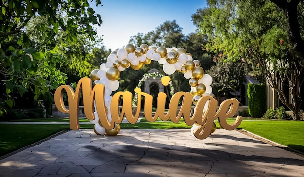 Foto matrimonio de texto con un arco hecho con globo en un parque para una boda