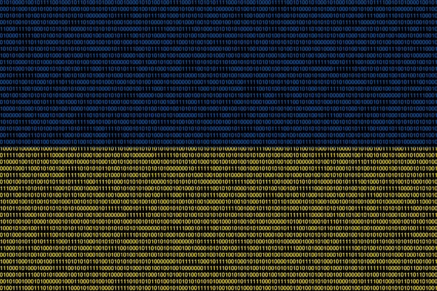 Matrix-Binärcode aus Nullen und Einsen in den Farben der ukrainischen Flagge Konzept der modernen Computertechnologie und des Cyberspace