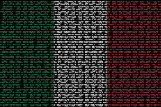 Matrix-Binärcode aus Nullen und Einsen in italienischen Flaggenfarben Konzept der modernen Computertechnologie und des Cyberspace