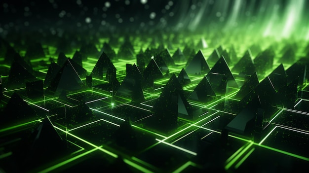 Una matriz abstracta de ángulos afilados de neón verde que corta a través de las sombras para crear un misterioso espacio cibernético