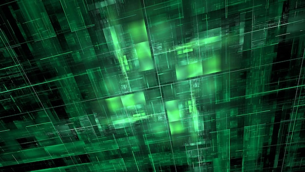 Matriz de celosía digital verde neón brillando con energía y profundidad renderizado en 3D