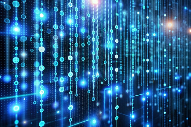 Matriz de código binario digital de fondo Rendering 3D de una red de datos de tecnología científica Código binario que transmite la complejidad de conectividad y la inundación de datos de la era digital moderna