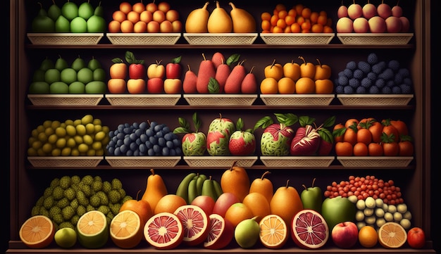 Matriz colorida de frutas frescas em exibição no local Greengrocer Generative AI