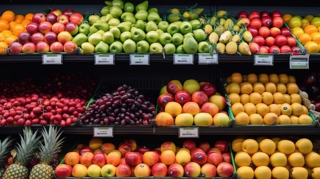 Matriz colorida de frutas frescas em exibição no local Greengrocer Generative AI