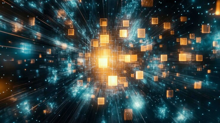 Foto una matriz de cuadrados brillantes que representan la transferencia de información digital