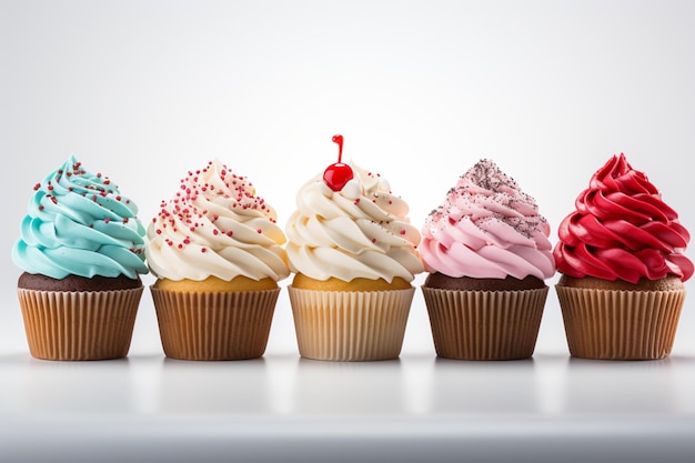 Matriz de espectro de cupcake de delícias coloridas de aniversário isoladas em uma superfície branca