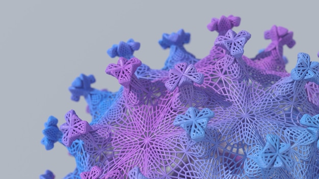 Matriz fractal de malla azul y púrpura Fondo gris Ilustración abstracta 3d render primer plano