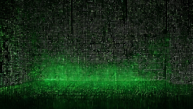 Una matriz de números y algoritmos que fluyen en una cuadrícula verde y negra