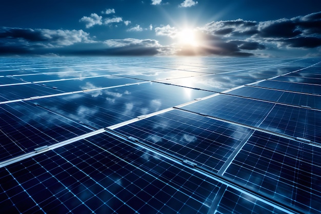 Matriz de paneles solares con cielo azul y reflejo de la luz solar Concepto de energía limpia Ai generativo