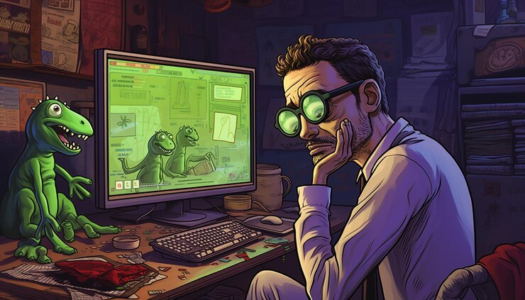 Foto matt fury dibujando a un triste comerciante de criptomonedas