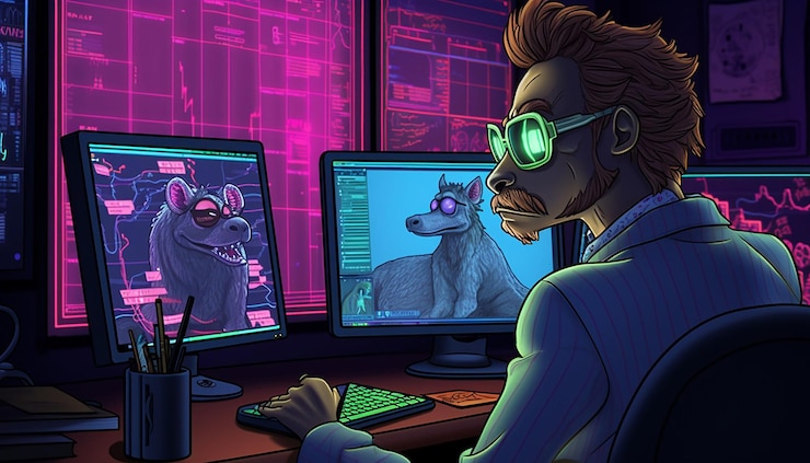 Foto matt fury dibujando a un triste comerciante de criptomonedas