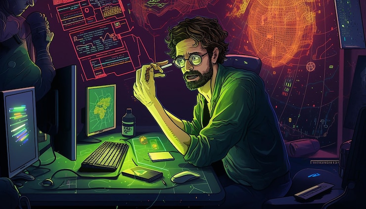 Foto matt fury dibujando a un triste comerciante de criptomonedas