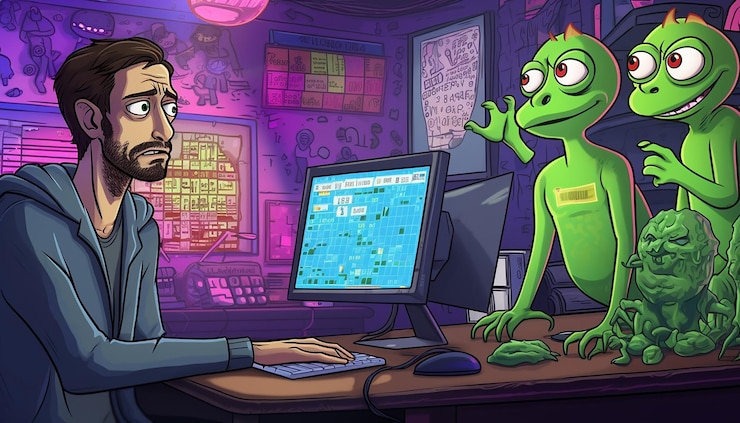 Foto matt fury dibujando a un triste comerciante de criptomonedas