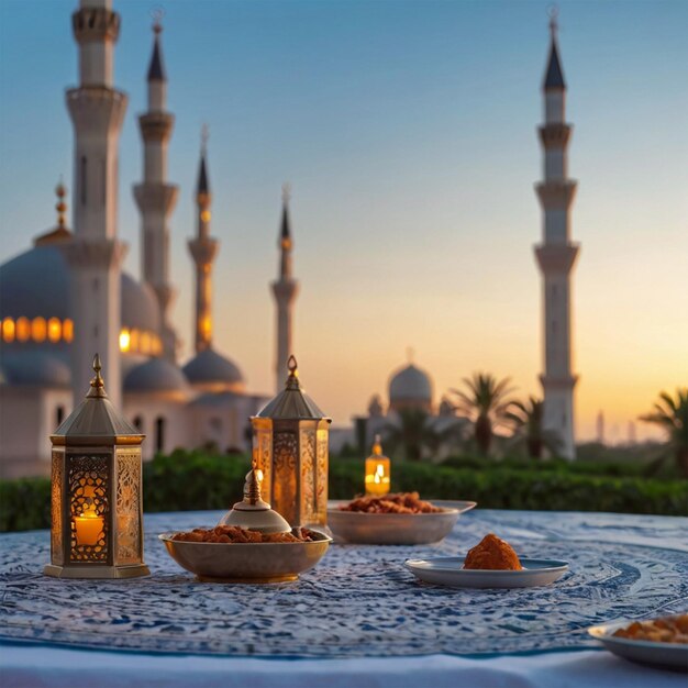 Matt vazio no telhado com mosque de lanterna árabe e lua crescente ao fundo