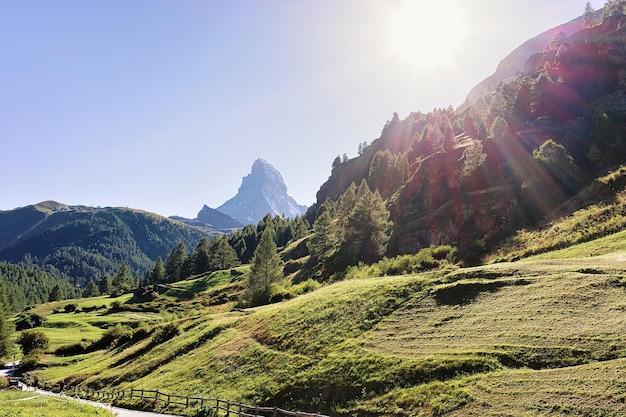 Matterhorn-Gipfel und grünes Tal in Zermatt, Schweiz im Sommer.