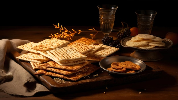 Matzah e biscoitos em uma tábua de madeira em um fundo escuro
