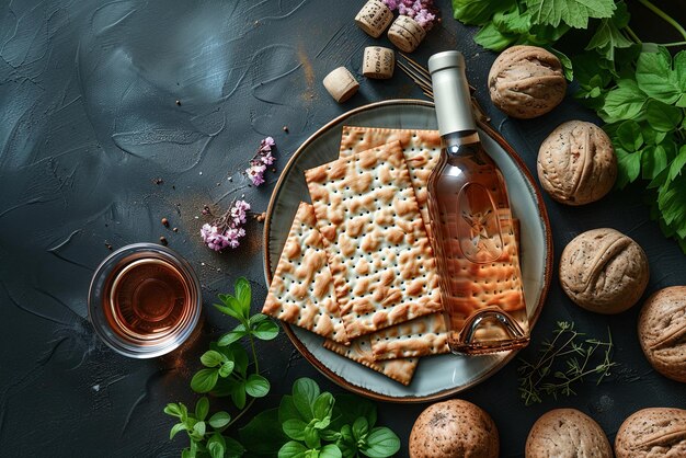 Foto matzah e vinho em uma mesa festiva na páscoa