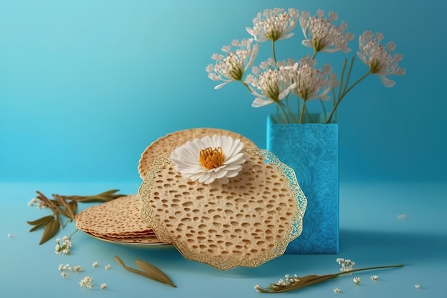 Matzah y flores de primavera sobre fondo azul perfecto para el concepto de celebración de Pesah