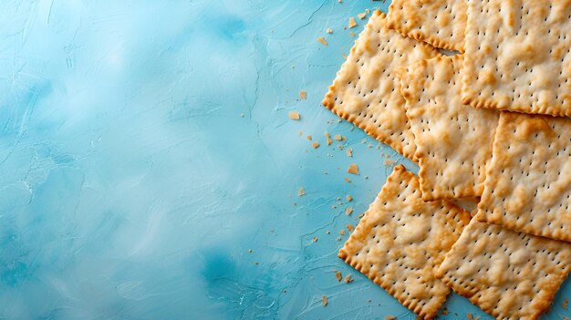 Foto matzah judaica apresentada contra um fundo azul que simboliza a páscoa