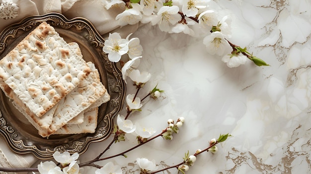 Matzah judaica em uma placa de metal e flores de primavera em um fundo branco páscoa