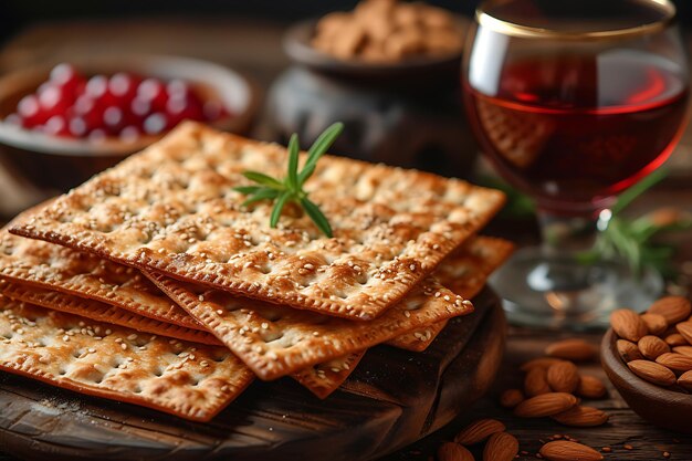 Matzah jüdisches Festbrot und ein Glas Wein Passahfeierkonzept