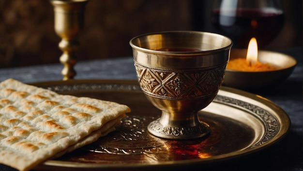 Matzah Nahaufnahme und Pessachweinbecher auf dem Holztisch jüdischer Feiertag Pessach