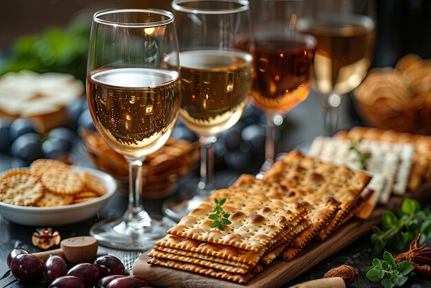 Matzah oder Matzo und Wein auf einem festlichen Tisch, der als Passah-Seder-Mahlzeit präsentiert wird