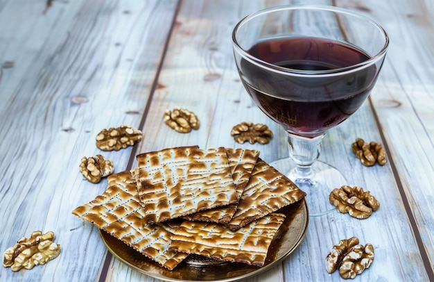 Foto matzah de pascua con nueces y un vaso de vino tinto