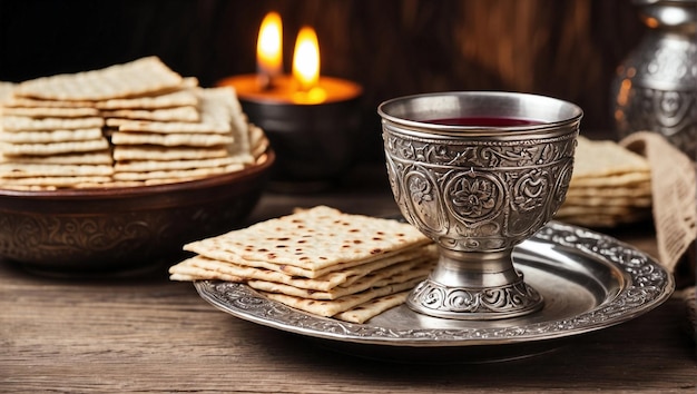 Foto matzah primer plano y copa de vino de la pascua en la mesa de madera fiesta judía pascua