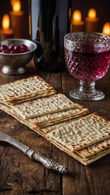 Foto matzah primer plano y copa de vino de la pascua en la mesa de madera fiesta judía pascua