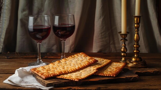 Foto matzah tradicional y vino rojo para la celebración de la fiesta judía