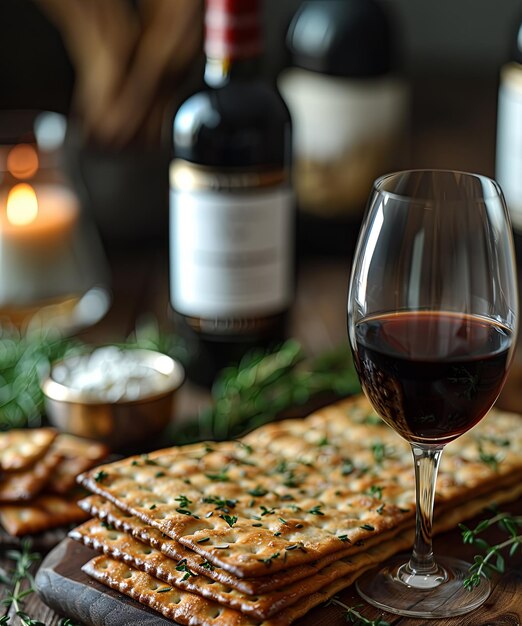 Matzah und Wein auf einem festlichen Tisch beim Passahfest