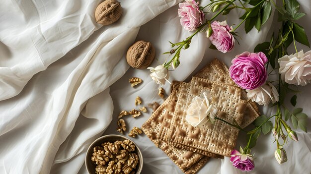 Matzah-Walnüsse und Rosen auf einem weißen Tuch Passah