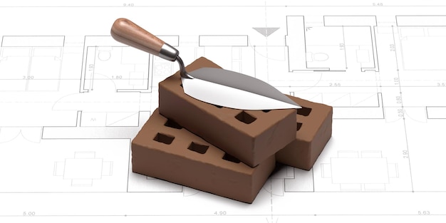 Mauerwerkskonzept Metallkelle Handwerkzeug mit Holzgriff auf braunen Keramikziegeln auf Architekturzeichnungen Hintergrund 3D-Illustration
