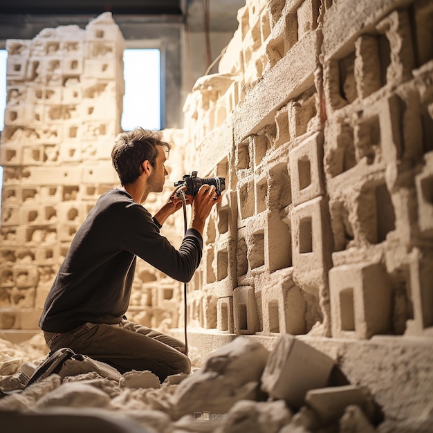 Maurer überprüft die horizontale Ebene der Wandschicht des Hauses