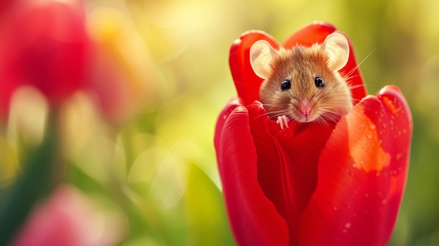 Maus, die aus einer roten Tulpe schaut