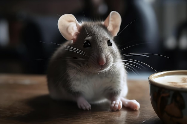 Maus mit schläfrigem Gesichtsausdruck hält Latte Macchiato generative KI