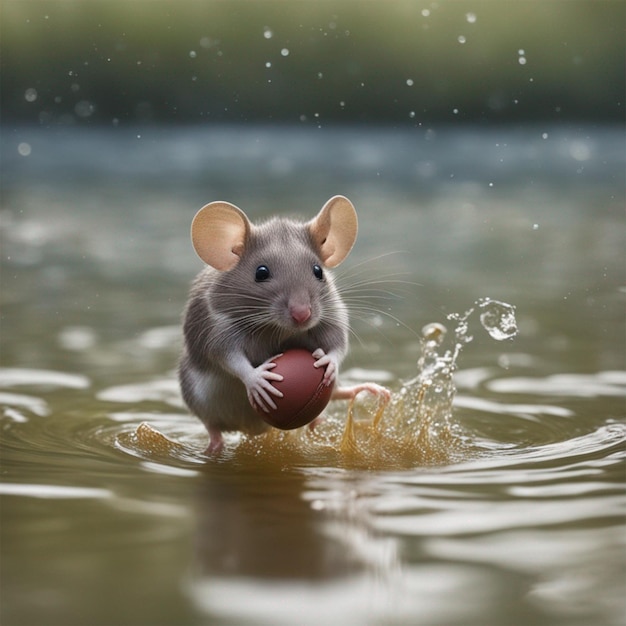 Maus spielt Fußball im Wasser, Seefoto, von der KI generiert