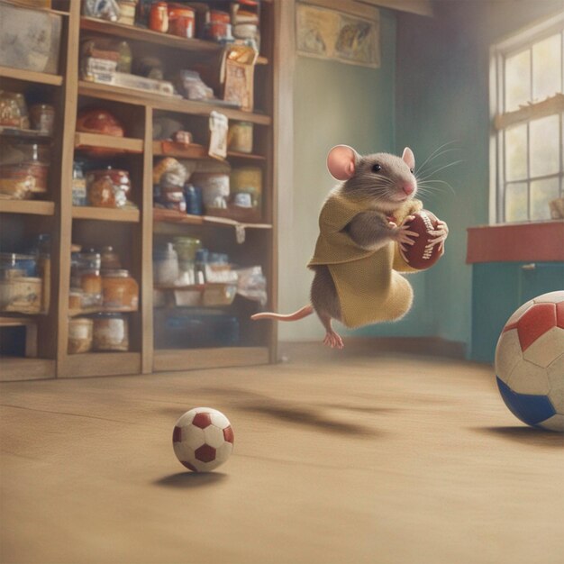 Maus spielt mit einem Ball im Tuck Shop