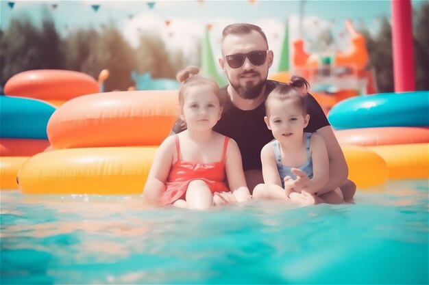 Máxima diversión familiar en la recreación de un parque acuático La imagen captura la emoción de una fiesta en la piscina del hotel